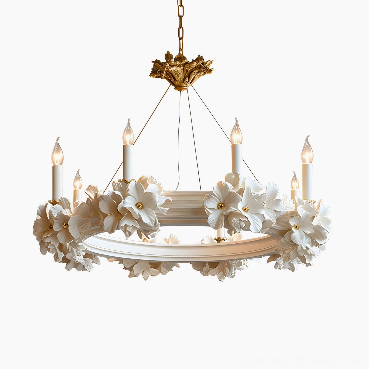 Rosalia floral chandelier gold and white 92cm wide 8-light candle-style pendant fixture
