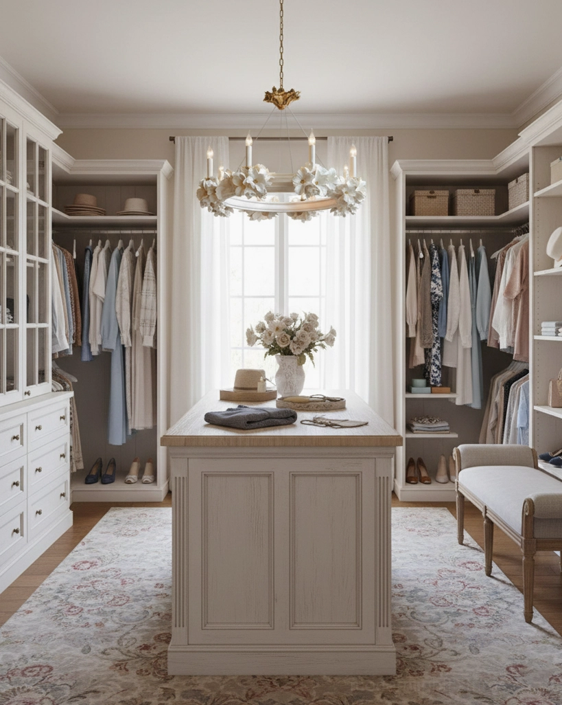 Rosalia floral chandelier in walk-in closet cream-colored vintage farmhouse wardrobe room
