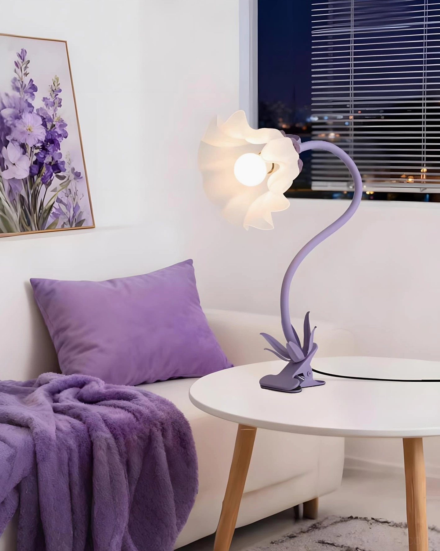 Soft lavender Rosalie floral lamp with ruffled frosted shade and decorative petal-inspired stand