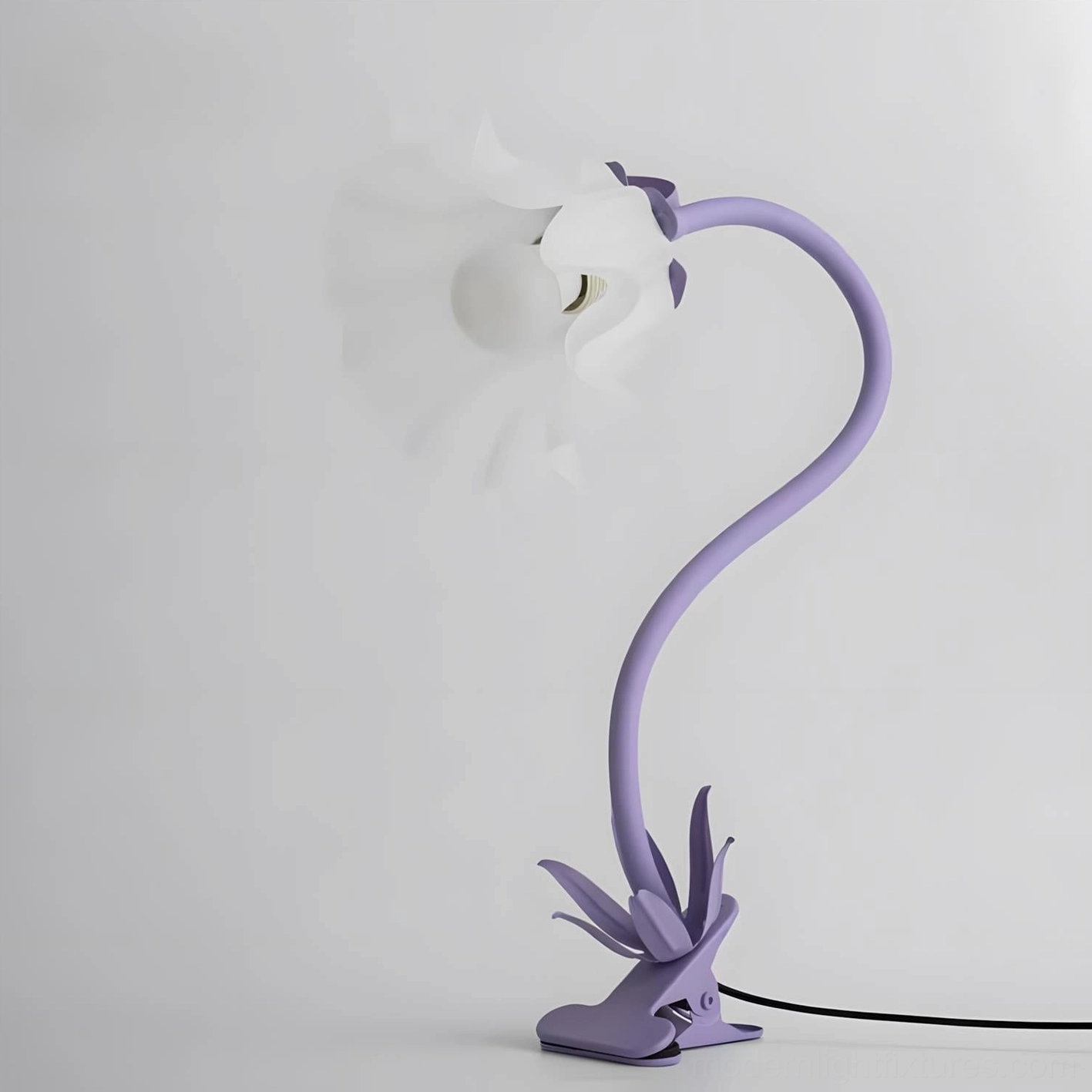 Soft lavender purple Rosalie table lamp detail showing frosted acrylic shade and artistic metal base