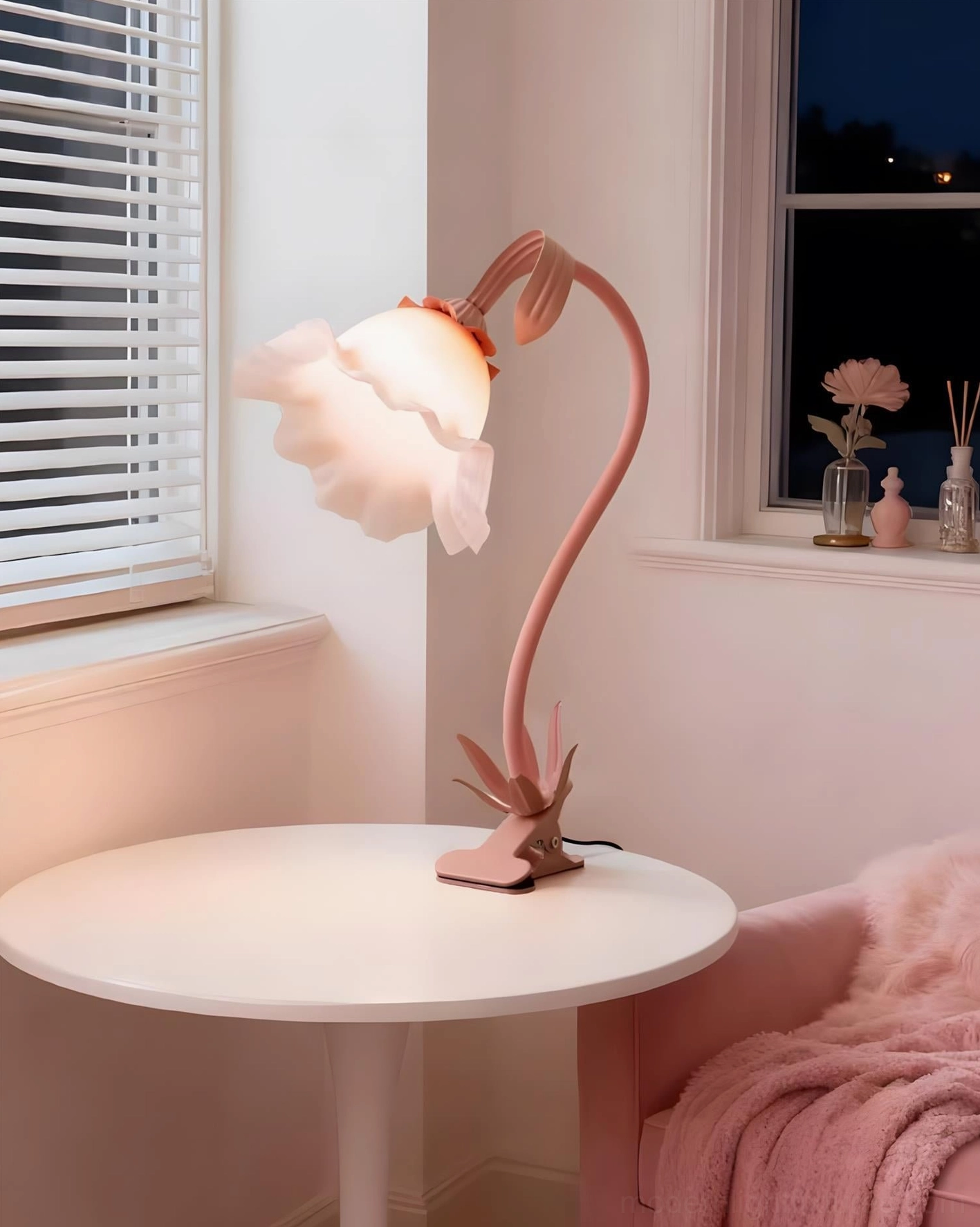 Rosalie white sculptural table lamp with crisp frosted glass shade on minimalist interior background