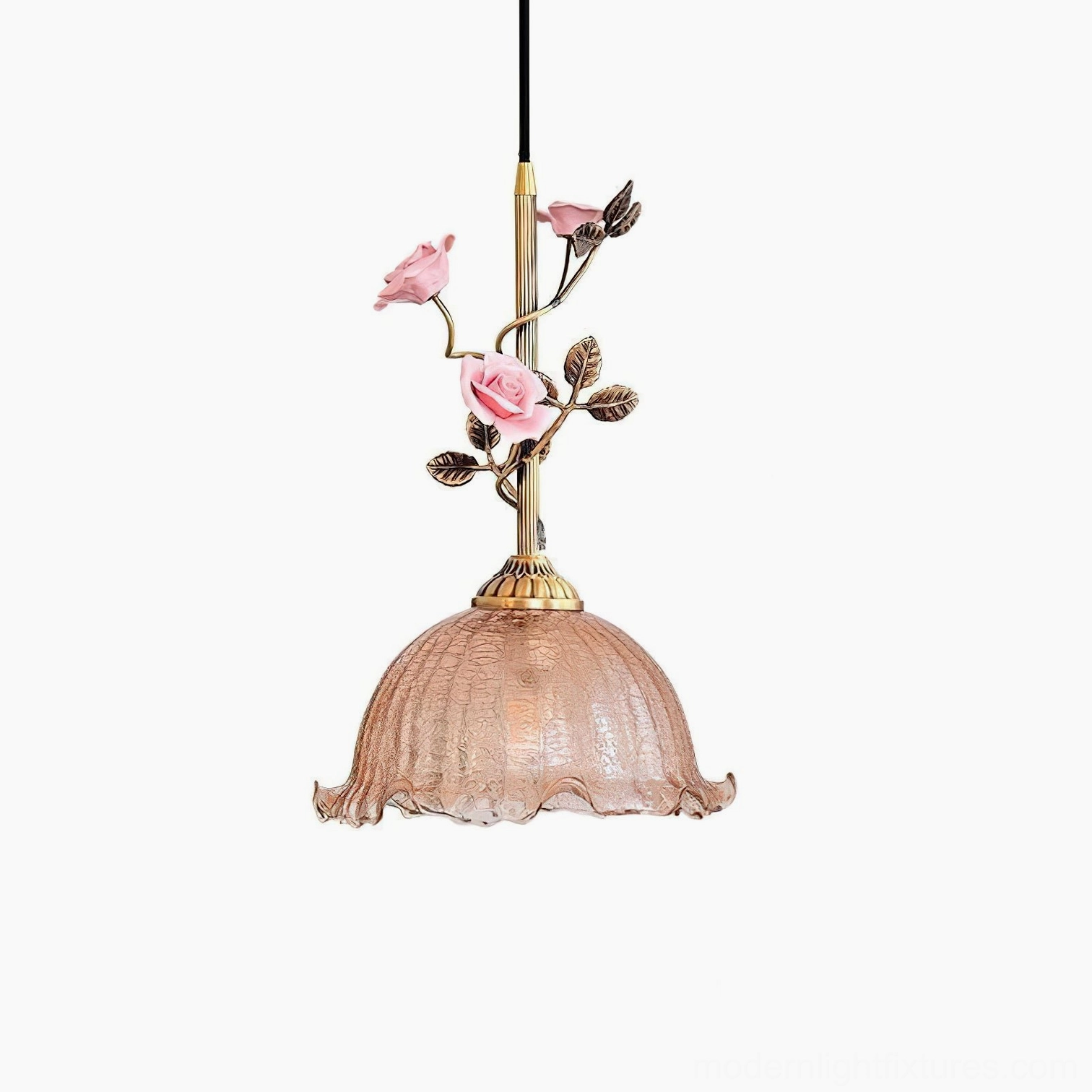 Rosavine pendant light Model A full product view, 22cm diameter stained glass shade with sculpted roses