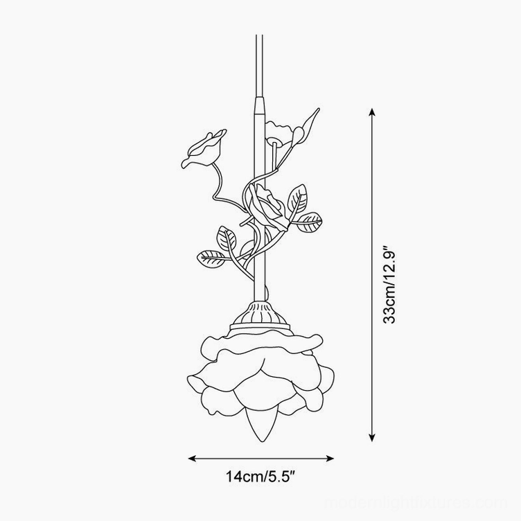 Rosavine pendant light Model B technical drawing schematic, 14cm diameter x 33cm height compact size
