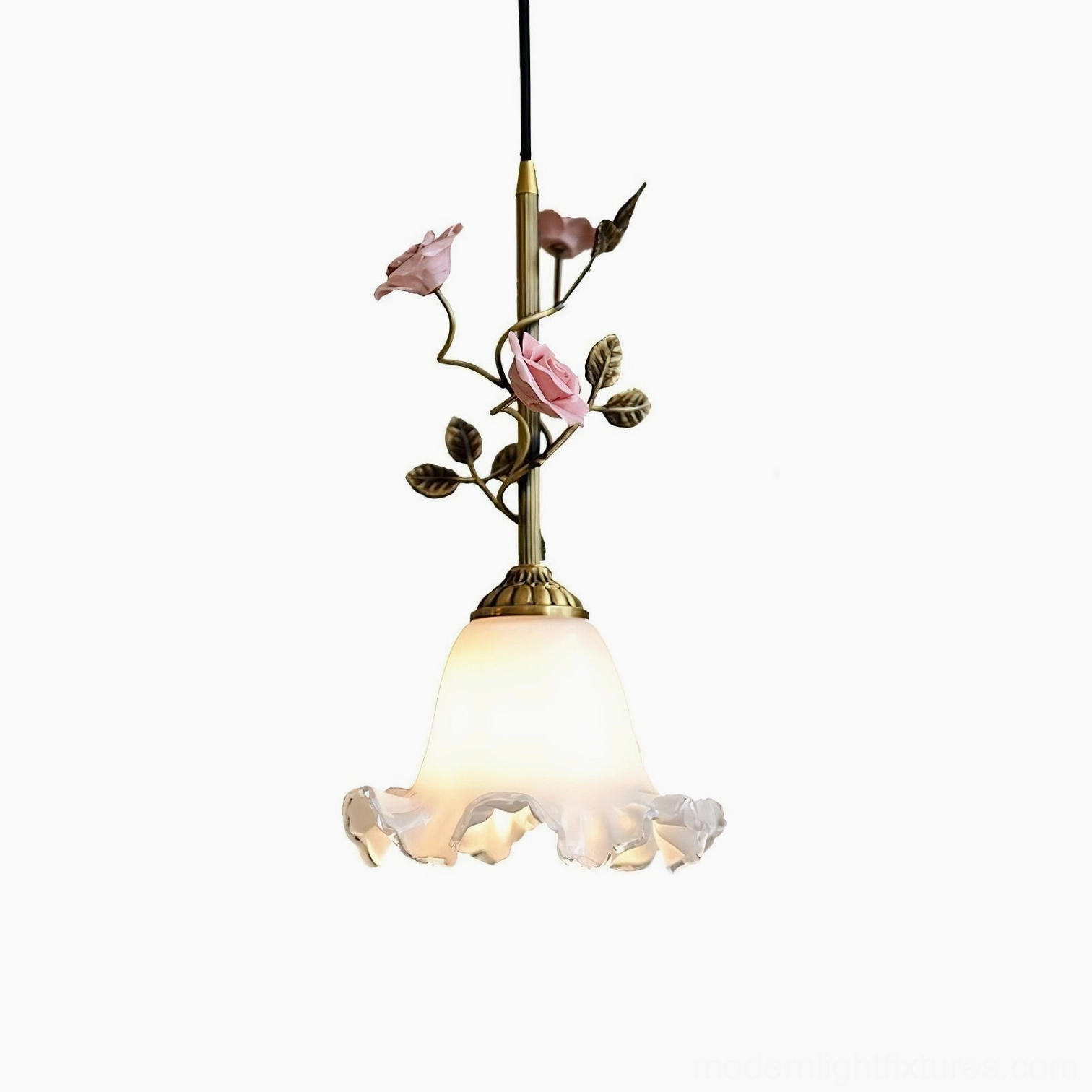 Rosavine pendant light Model C compact mid-size floral lamp, 18cm diameter pink stained glass shade