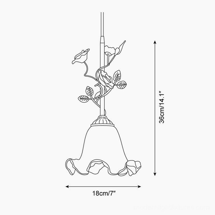 Rosavine pendant light Model C technical drawing schematic, 18cm diameter x 36cm height specifications