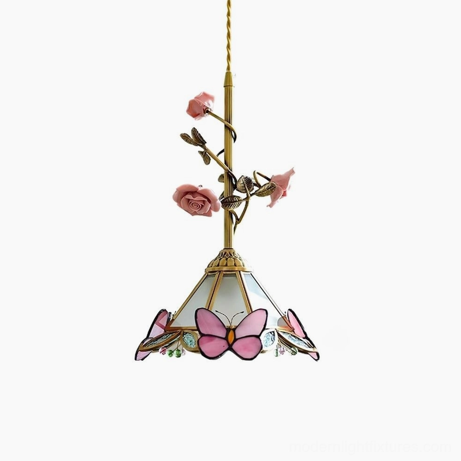 Rosavine pendant light Model D with butterfly base accent and pink rose shade, 22.5cm x 38cm dimensions