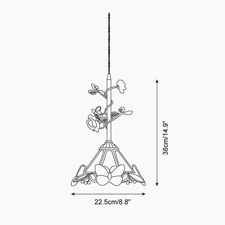 Rosavine pendant light Model D technical drawing schematic, 22.5cm diameter x 38cm height with butterfly base