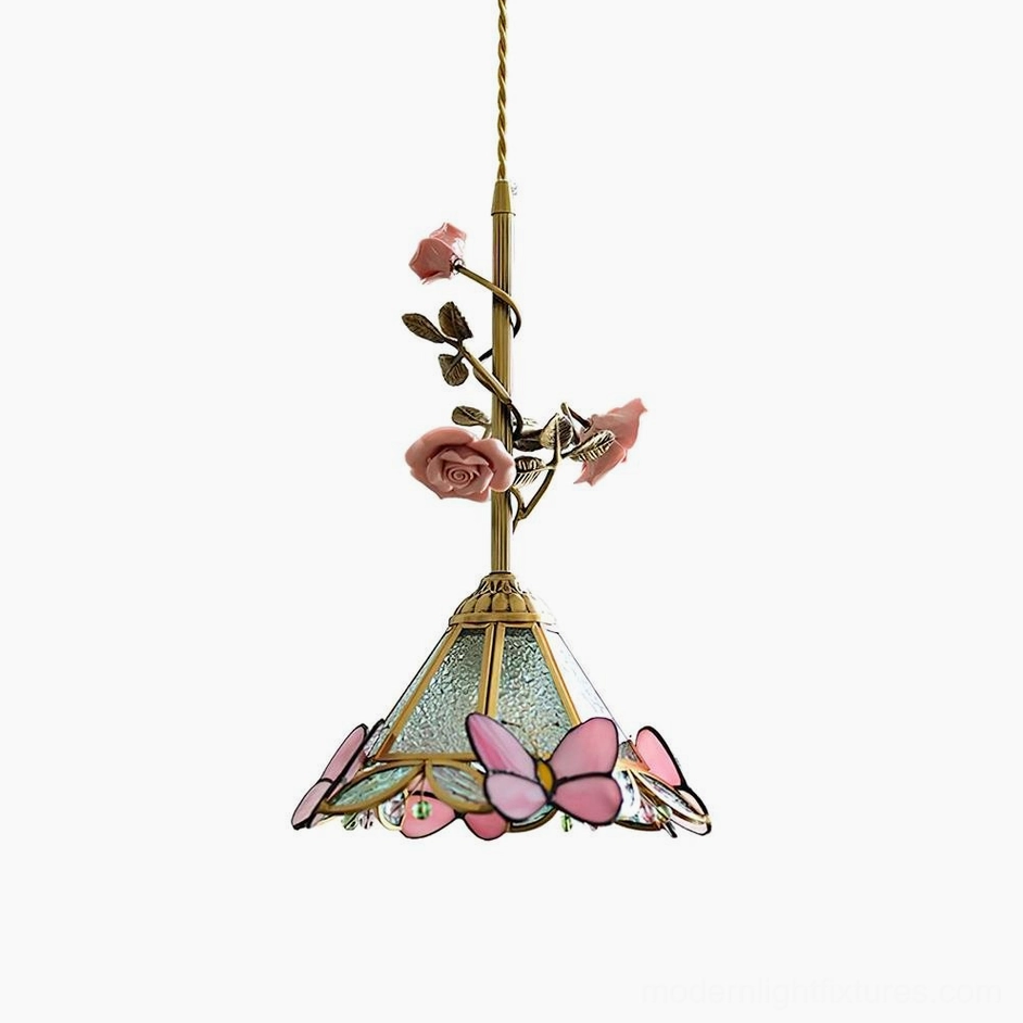 Rosavine pendant light Model E premium stained glass shade with botanical rose detailing, 38cm height