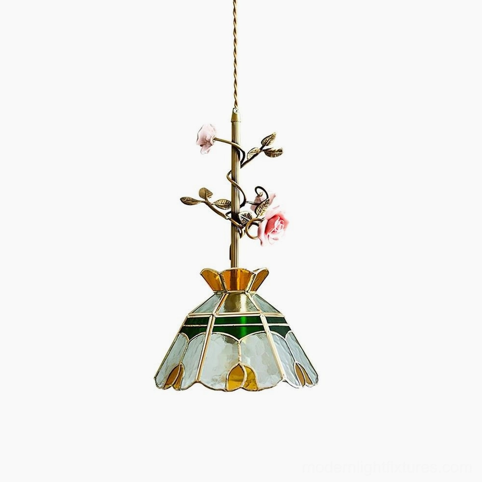 Rosavine pendant light Model F with textured glass shade and vintage brass finish, 21cm x 38cm size