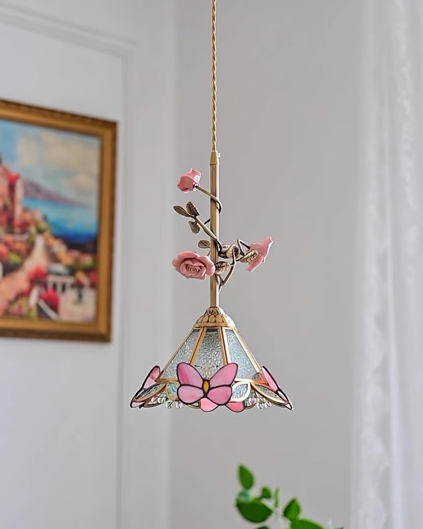 Rosavine floral pendant with butterfly accents and pink ceramic roses, cone stained glass shade in minimalist interior