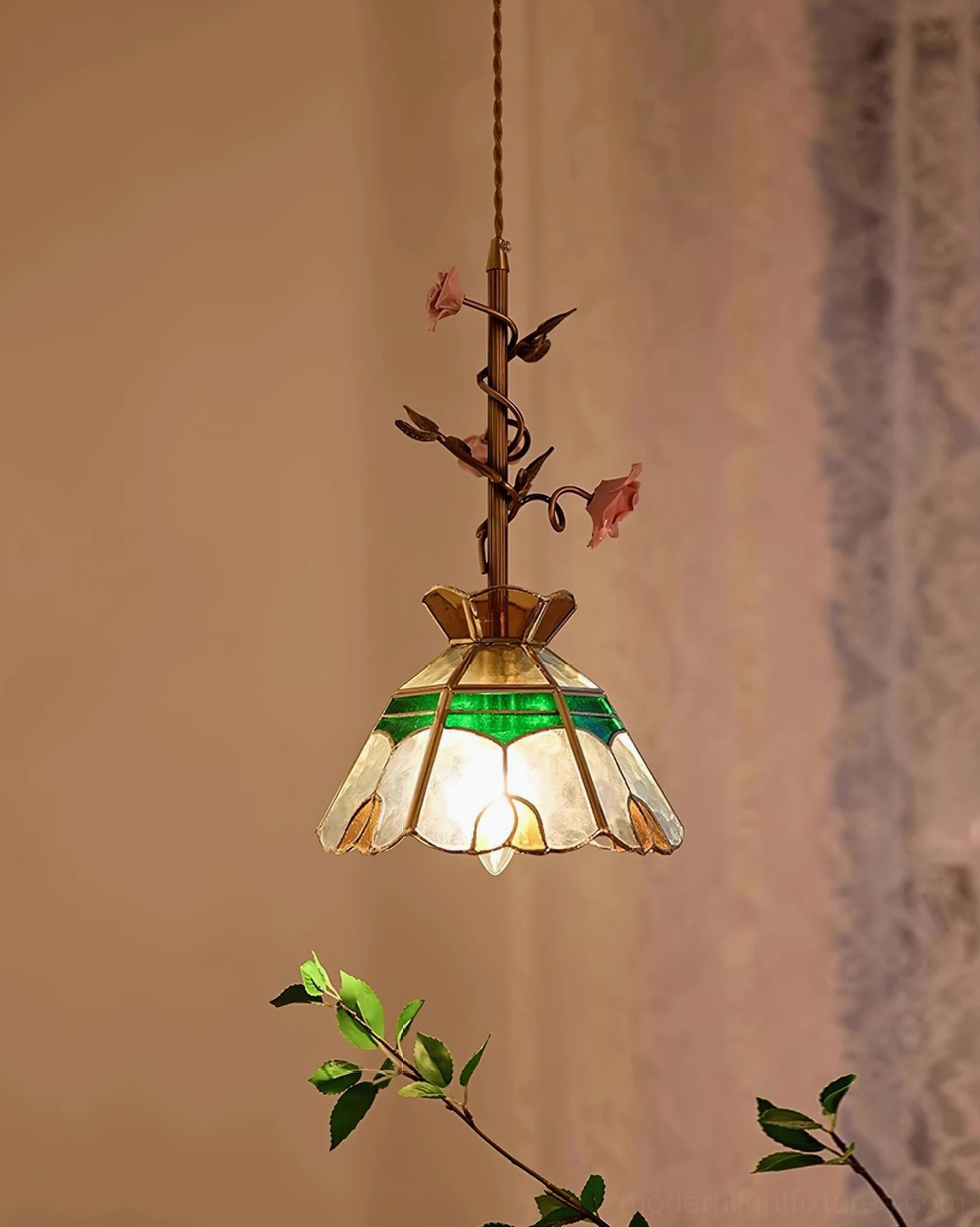 Rosavine floral pendant lamp installed above dining table, vintage brass with textured glass shade installation