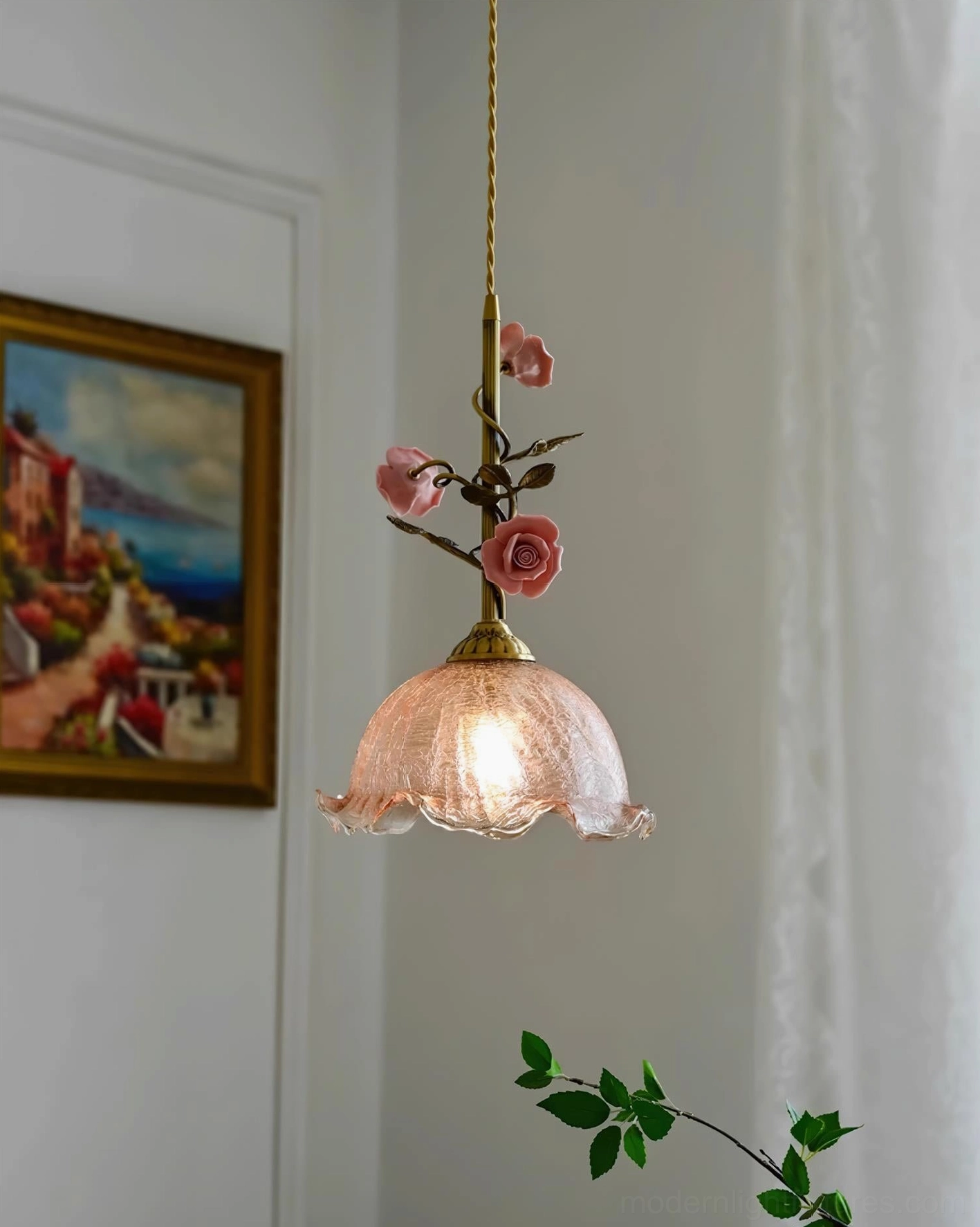 Rosavine pendant light color and shade option display, brass finish with pink stained glass variations