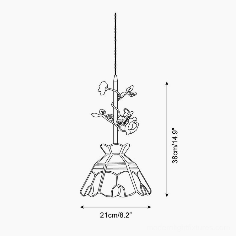 Rosavine vintage brass pendant light with sculpted floral details, warm glow through pink stained glass