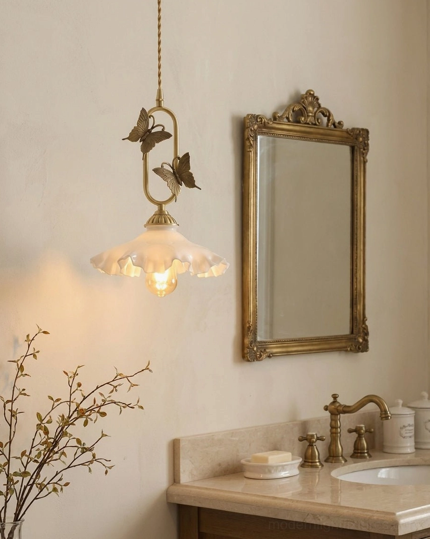 Rose bell embossed amber glass butterfly pendant in powder room, compact 15cm shade for tight entryway space