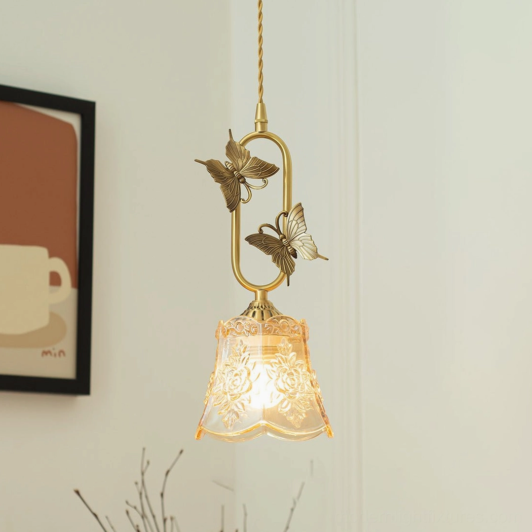 Compact rose bell amber embossed butterfly pendant light, smallest 15cm shade for tight spaces and entryways