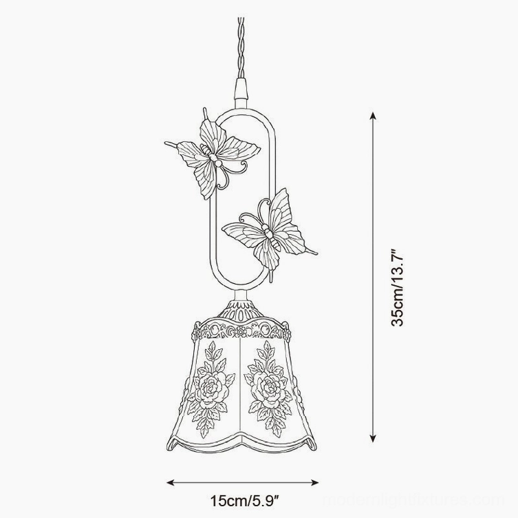 Rose bell embossed amber glass pendant light technical schematic, 35cm height 15cm smallest compact shade
