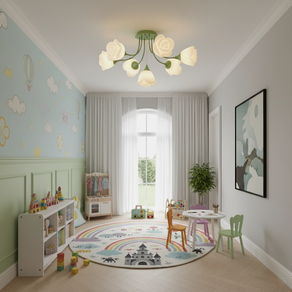 Rose ceiling light fixture in children's playroom with kid-friendly botanical style and soft lighting