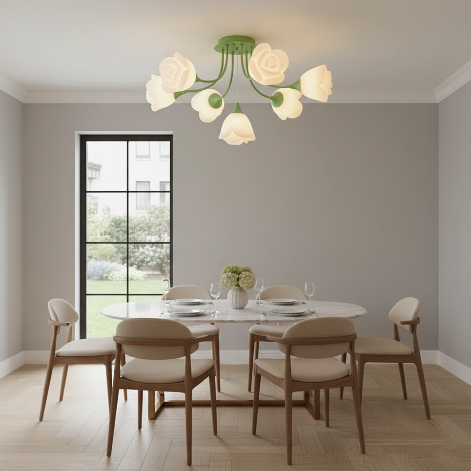 Rose floral ceiling light fixture showing damp-rated installation suitable for bathrooms