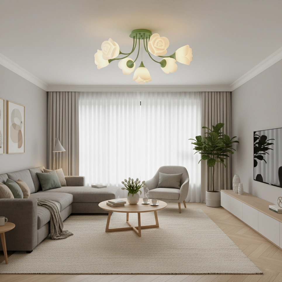 Rose semi-flush ceiling light fixture in modern minimalist living room with warm neutral decor