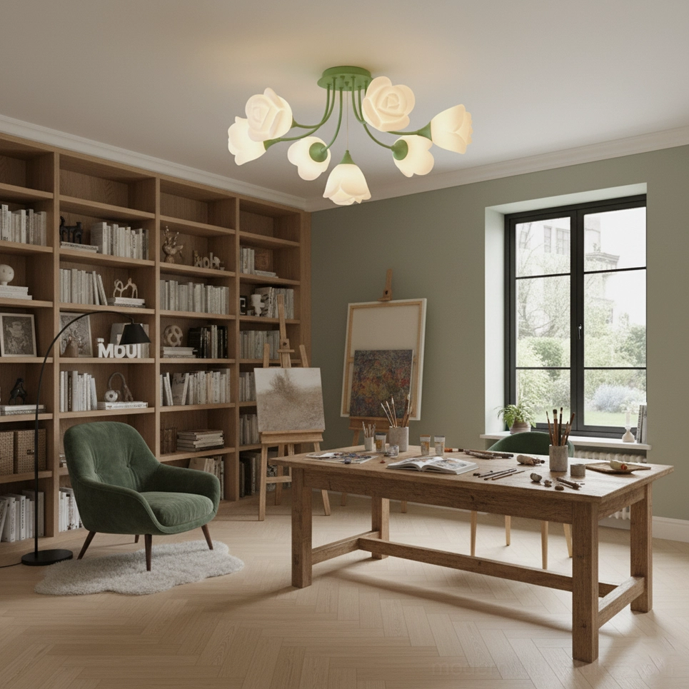 Rose ceiling light semi-flush fixture with multiple petal shades creating layered ambient lighting