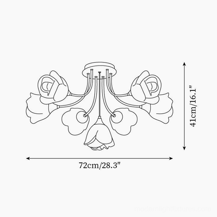 Rose ceiling light technical drawing and dimensional blueprint showing 7-head 72cm wide configuration