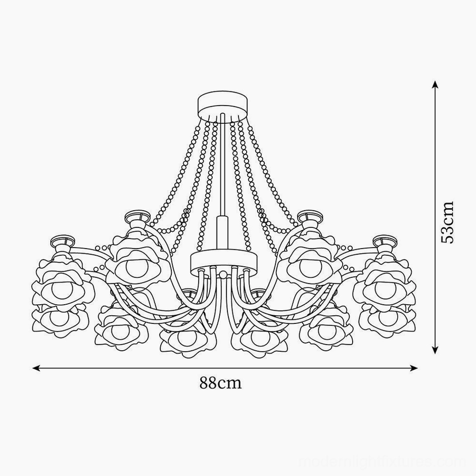Technical line drawing - 88cm 10-head rose glass pendant light orthographic dimension layout
