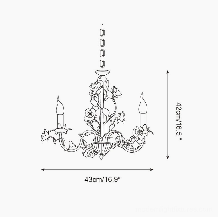 Rose chandelier 3-head technical dimension schematic, 43cm diameter by 42cm height measurement guide