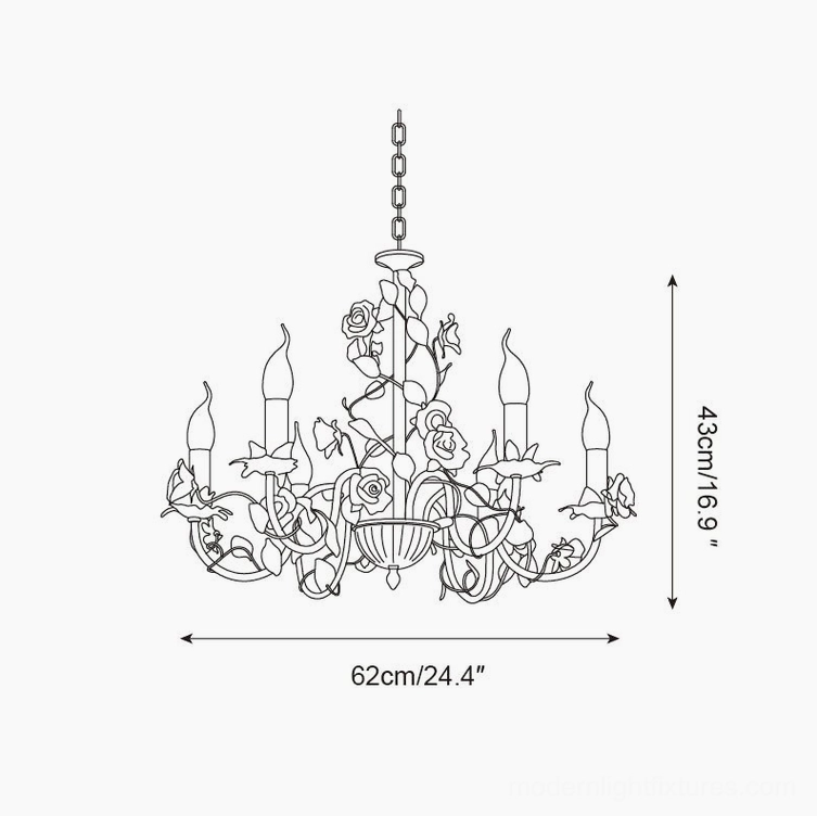 Rose chandelier 6-head size technical schematic, 62cm diameter by 43cm height specifications