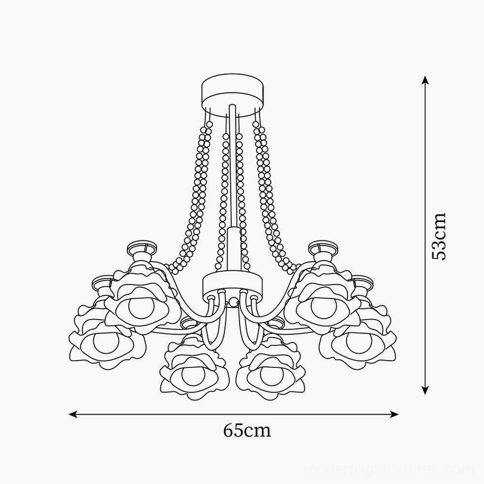 Technical line drawing - 65cm 6-head rose glass chandelier orthographic dimension view