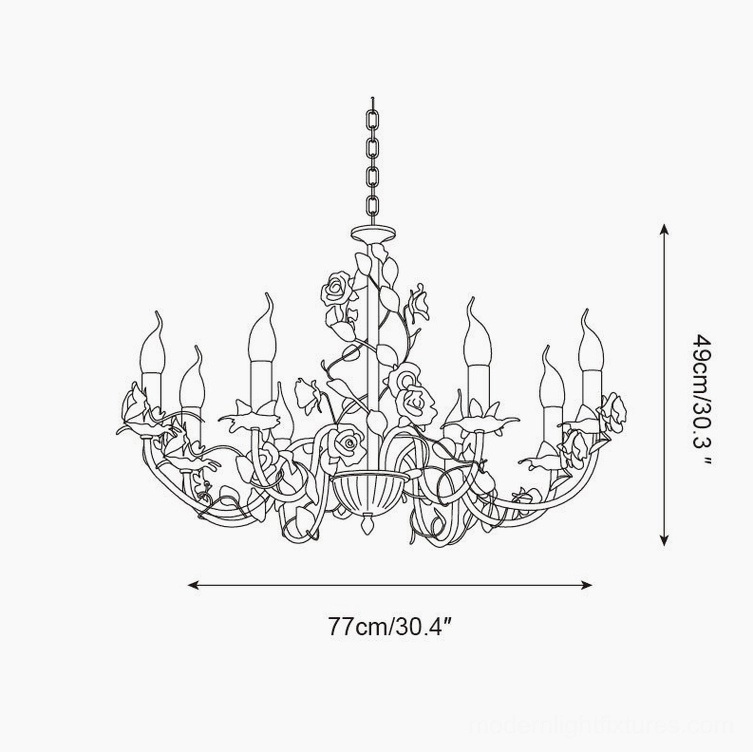 Rose chandelier 8-head extra-large technical dimension guide, 77cm diameter by 49cm height