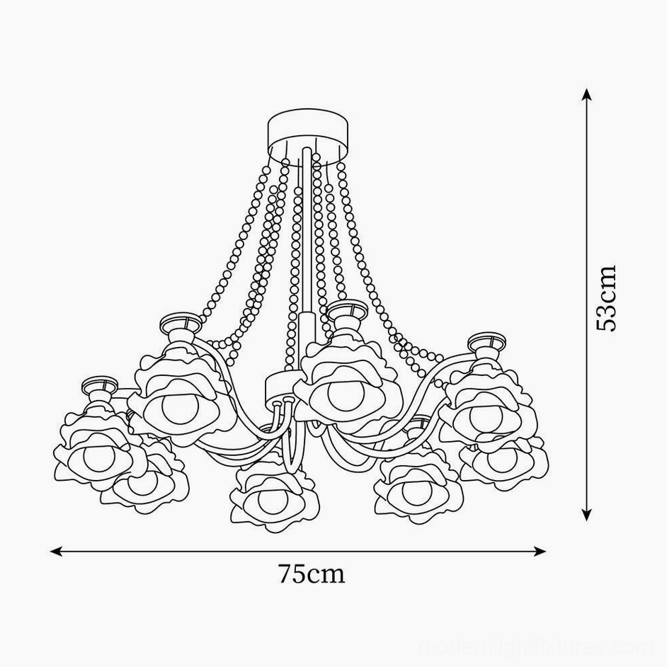 Technical line drawing - 75cm 8-head floral rose chandelier orthographic dimension specifications