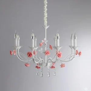Close-up detail of porcelain rose chandelier showing intricately sculpted ceramic flowers and hanging crystal droplets with suspended chain