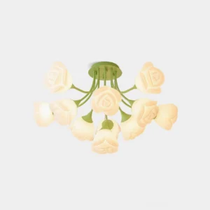 Rose ceiling light fixture with green metal base and milky white petal shades - top view product photography