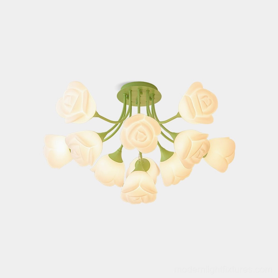 Rose ceiling light fixture with green metal base and milky white petal shades - top view product photography