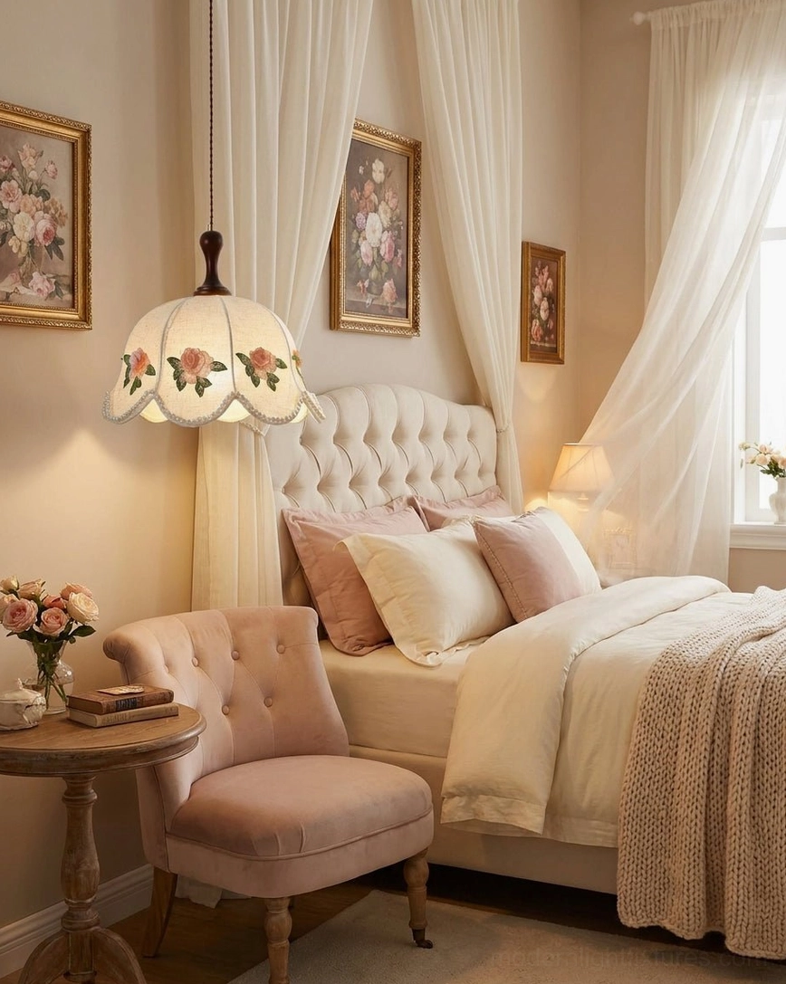 Rose embroidered pendant light with pearl-bead trim, high side view in master bedroom vintage lounge setting