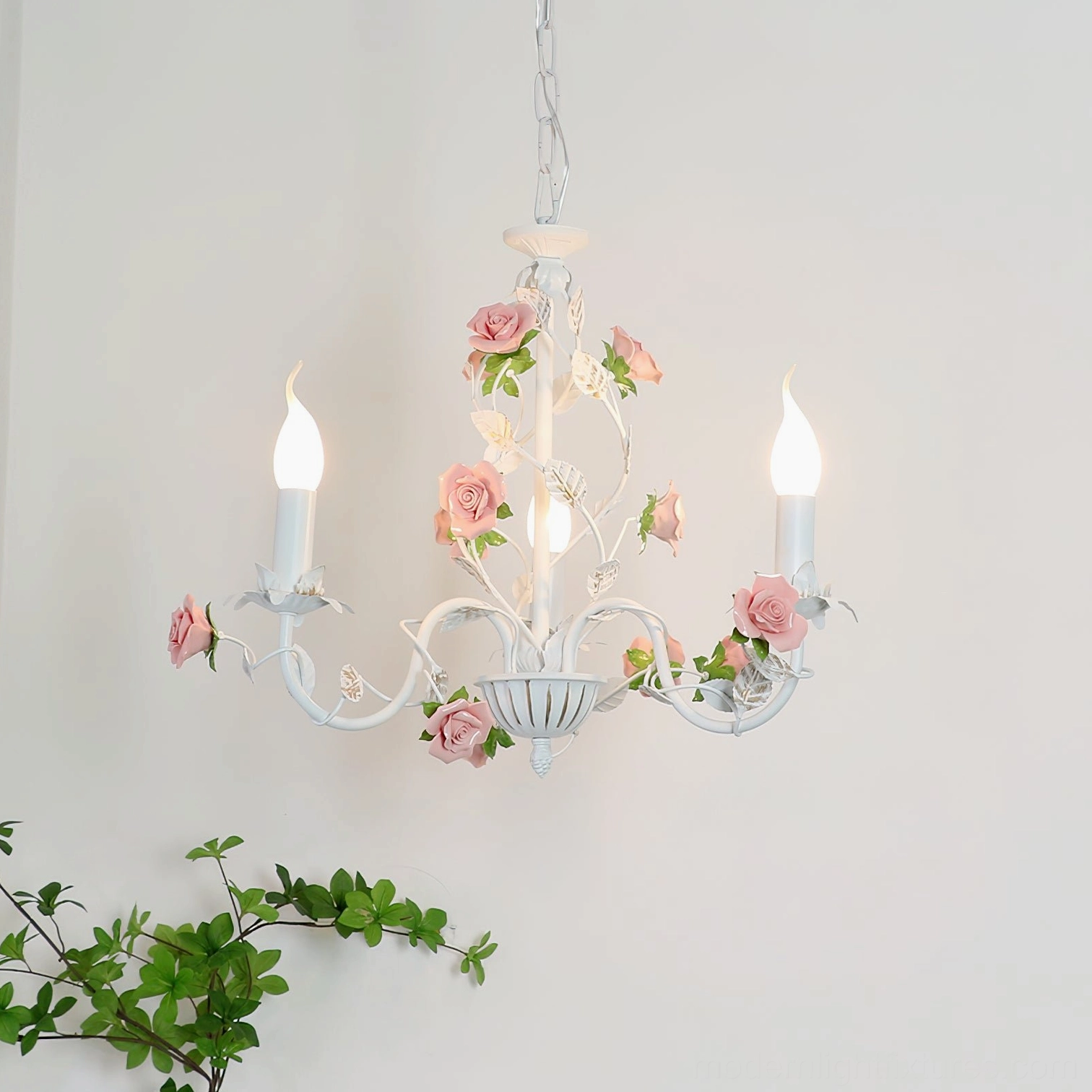 Rose flowers chandelier 3-head small size white and pink porcelain roses, intimate space lighting