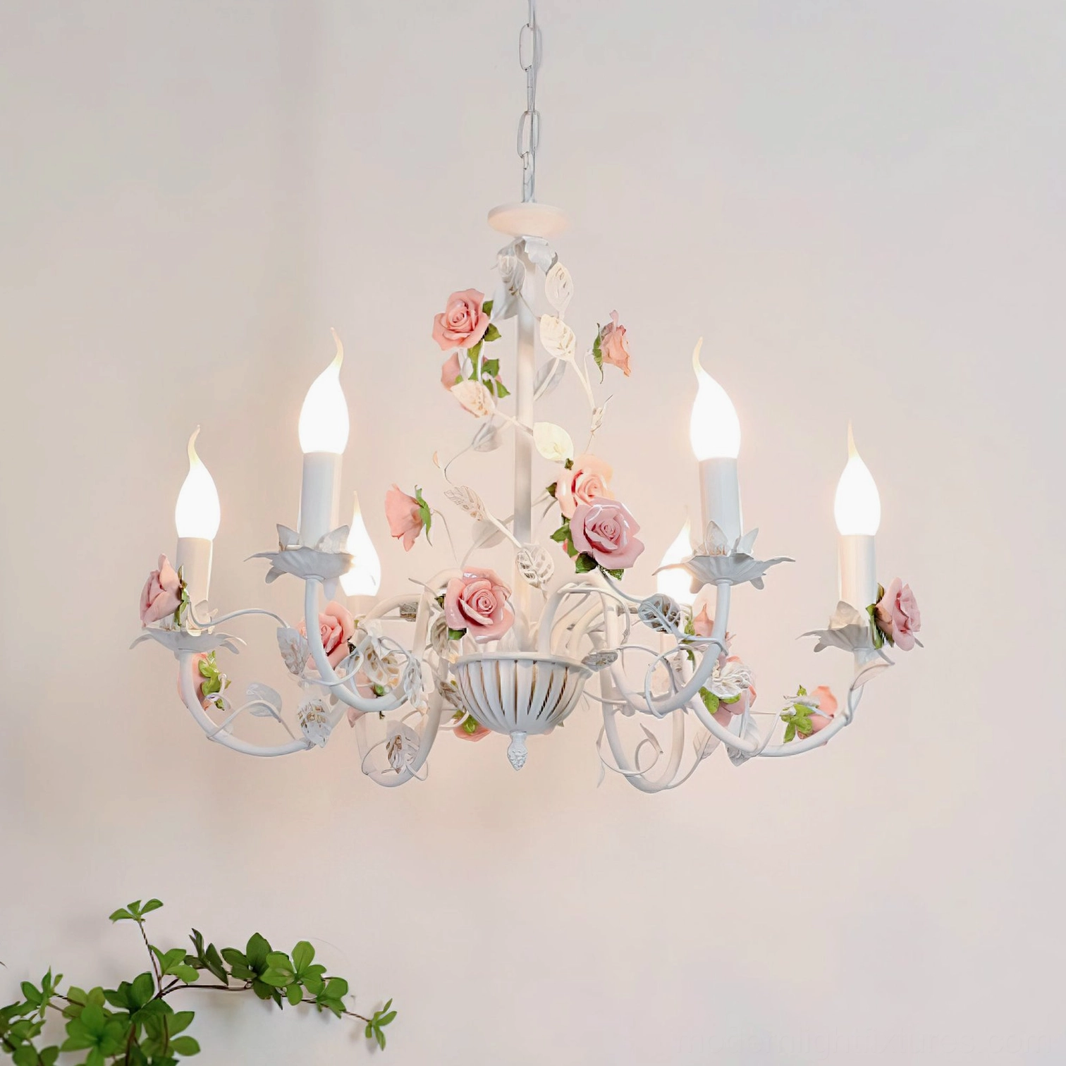 Rose flowers chandelier 6-head size white and pink ceramic blooms, medium bedroom installation detail