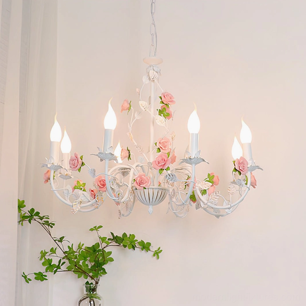 Rose flowers chandelier 8-head large size white and pink ceramic blooms, statement piece dramatic installation