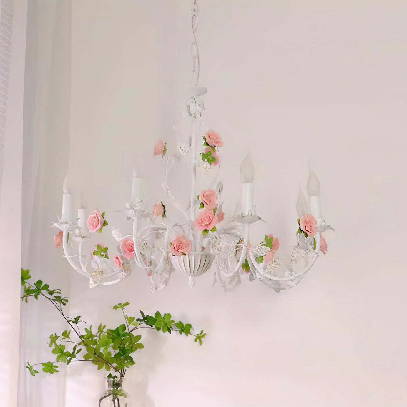 Rose floral chandelier showing adjustable hanging chain detail, customizable height installation feature