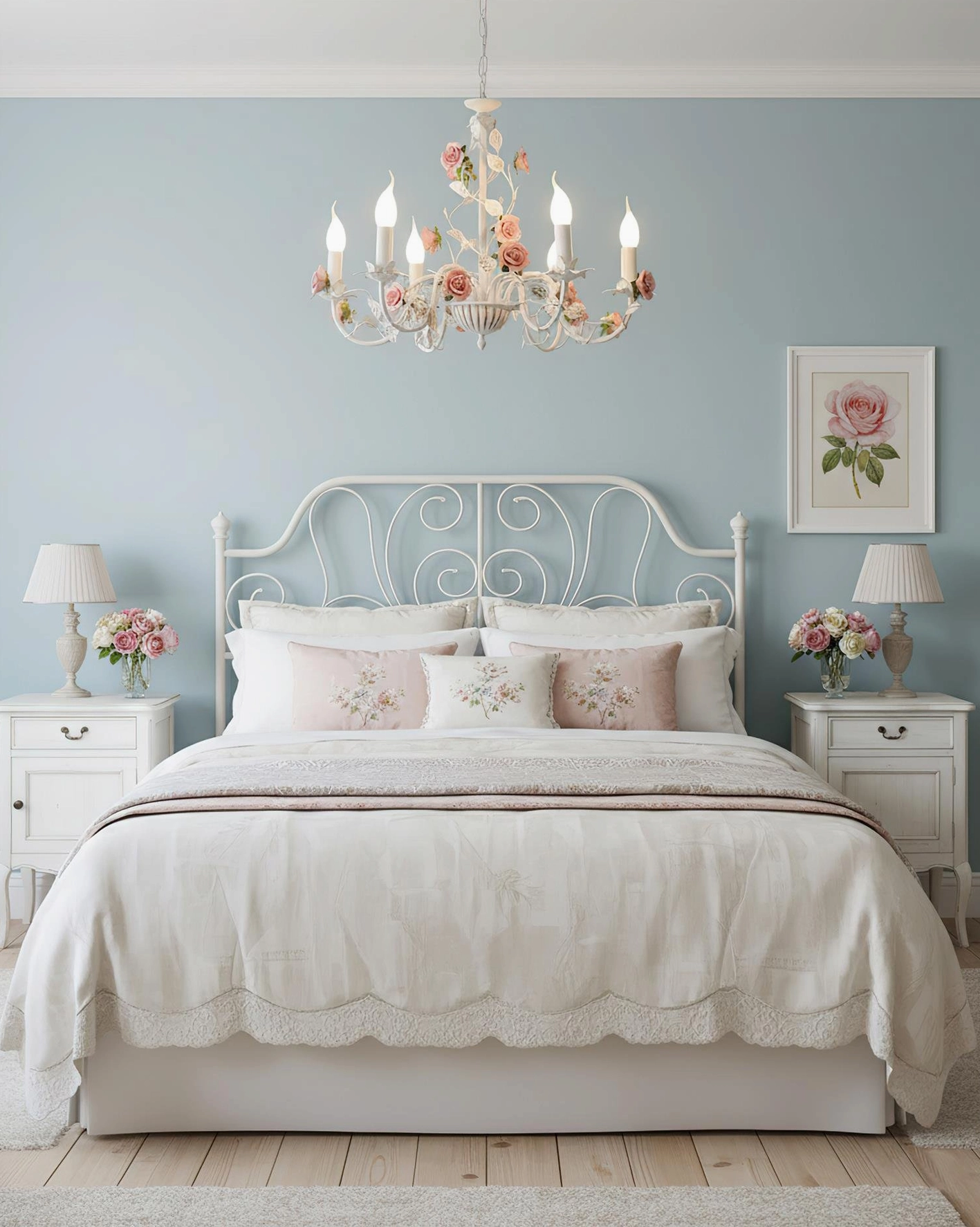 Rose flowers chandelier cottage core aesthetic, farmhouse style botanical pendant fixture installation