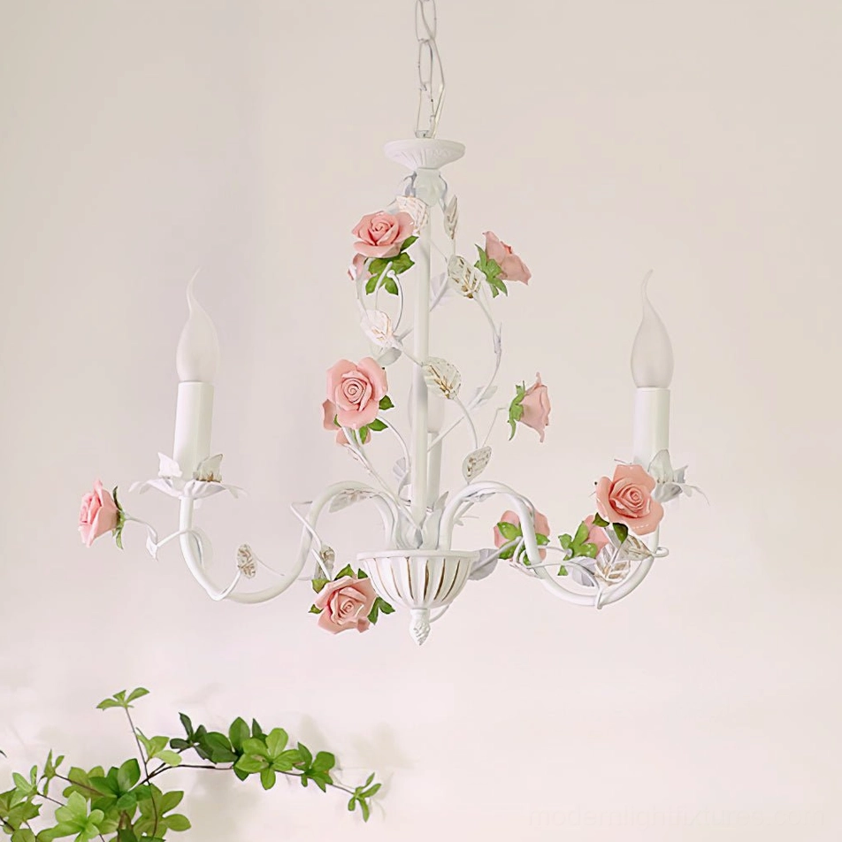 Rose flowers chandelier architectural style showing curved vine-like iron frame design, botanical inspiration