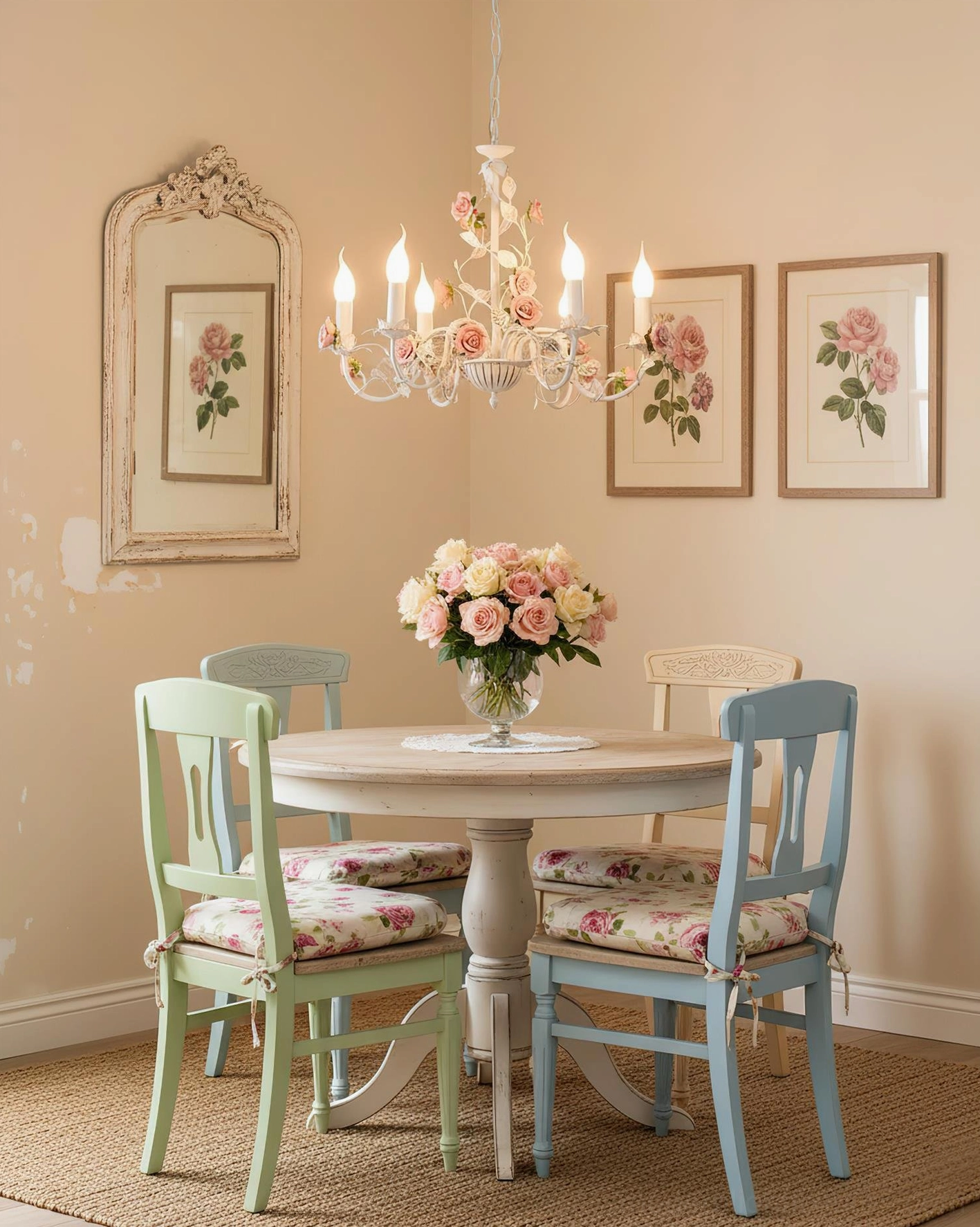 Rose flower chandelier in small dining nook with pastoral decor, vintage-inspired interior design