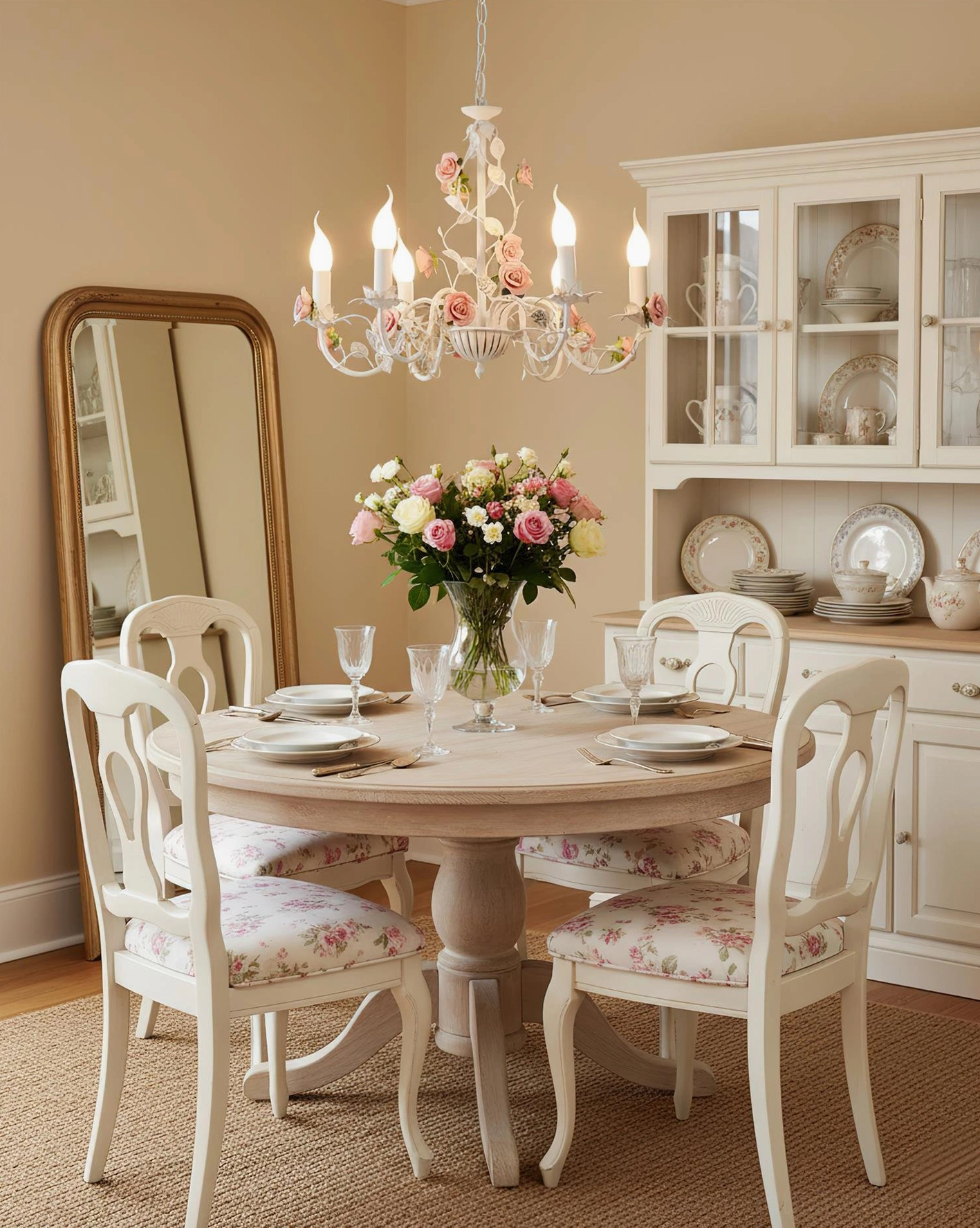 Rose ceramic chandelier in formal dining room setting, eye-level view with floral upholstered chairs