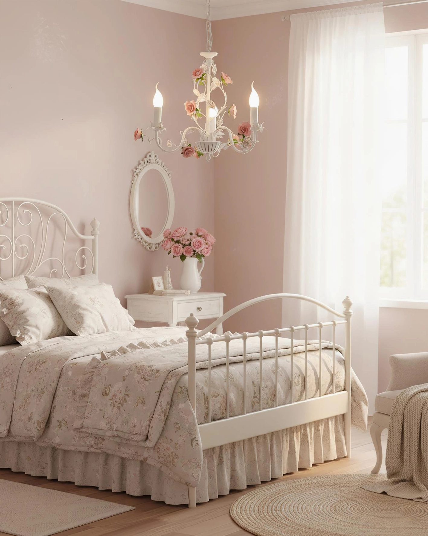 Rose floral chandelier French country design inspiration, elegant bedroom master suite lighting fixture