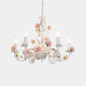 Rose floral chandelier with hand-forged iron frame and pink porcelain ceramic rose blooms, frontal studio view