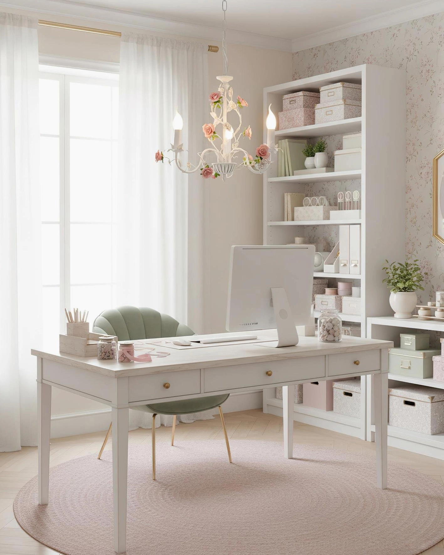 Rose decorative chandelier in home office study, eye-level view with romantic pastoral ambiance lighting
