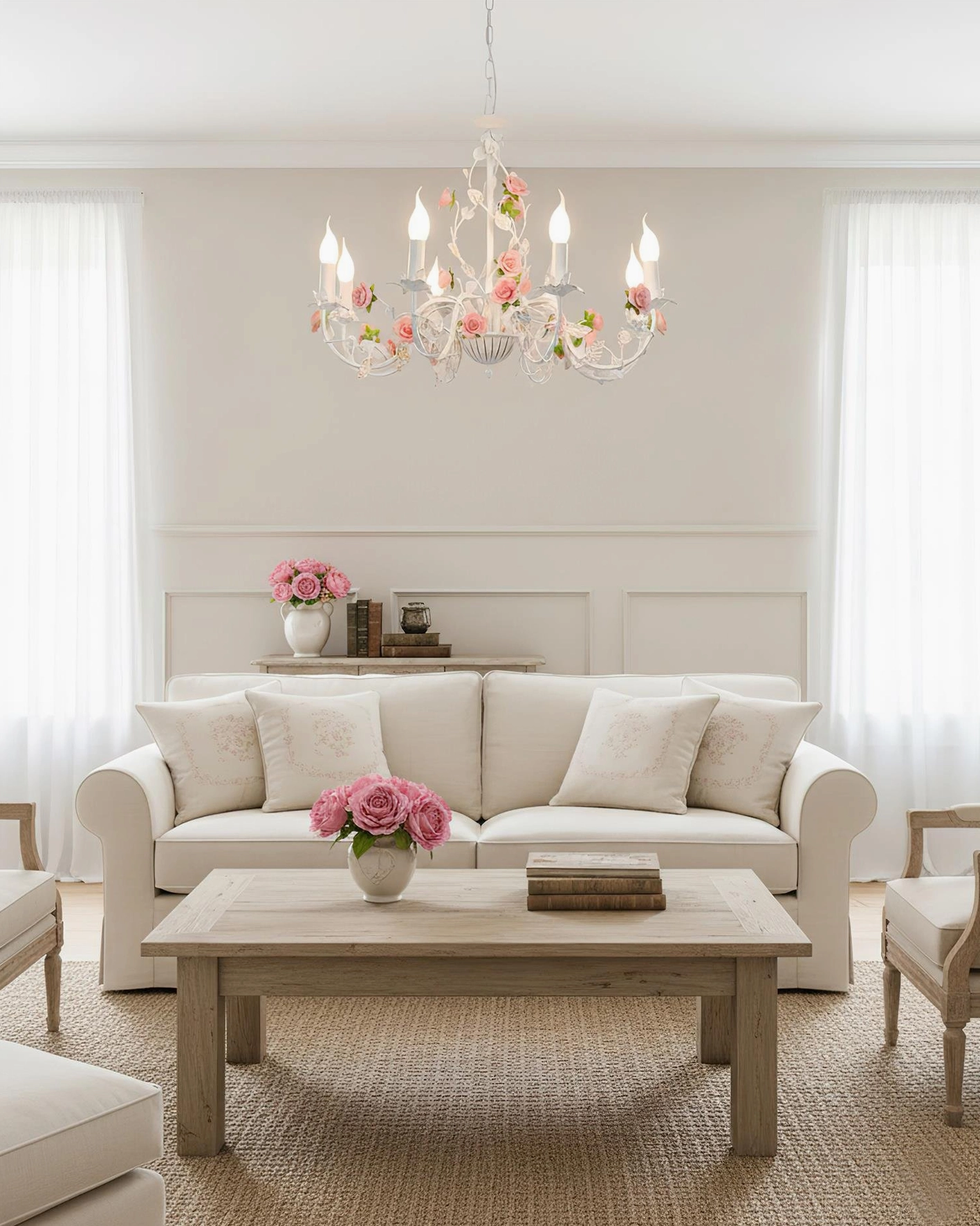Rose floral chandelier in bright minimalist living room with wide-angle view, botanical decor coordination