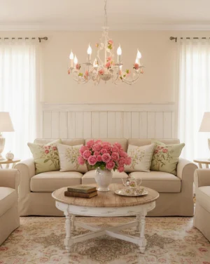 Rose floral chandelier installed in modern living room overhead perspective, romantic botanical lighting fixture