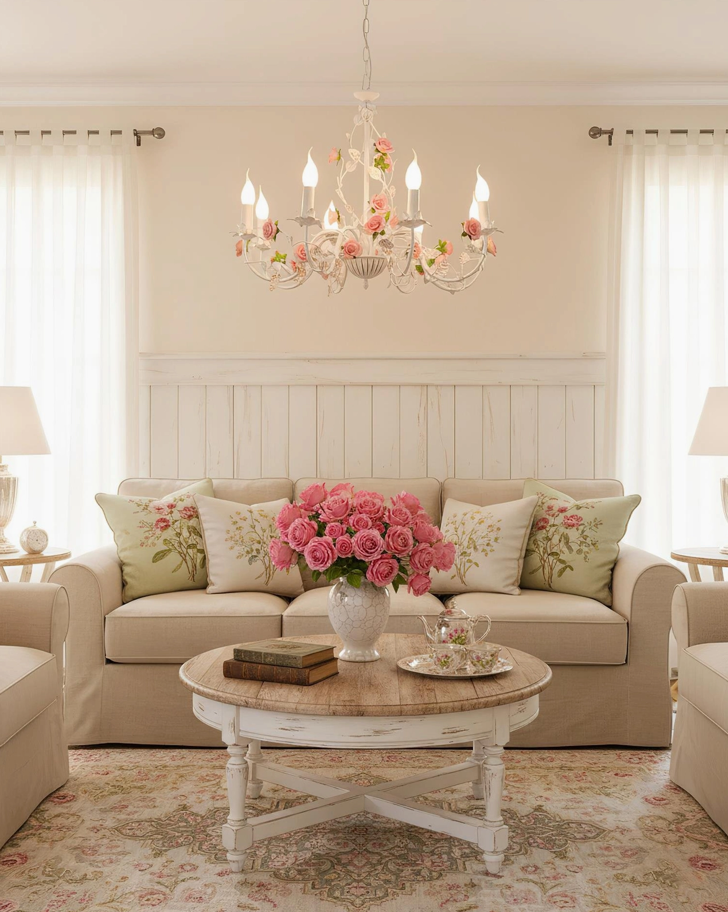 Rose floral chandelier installed in modern living room overhead perspective, romantic botanical lighting fixture