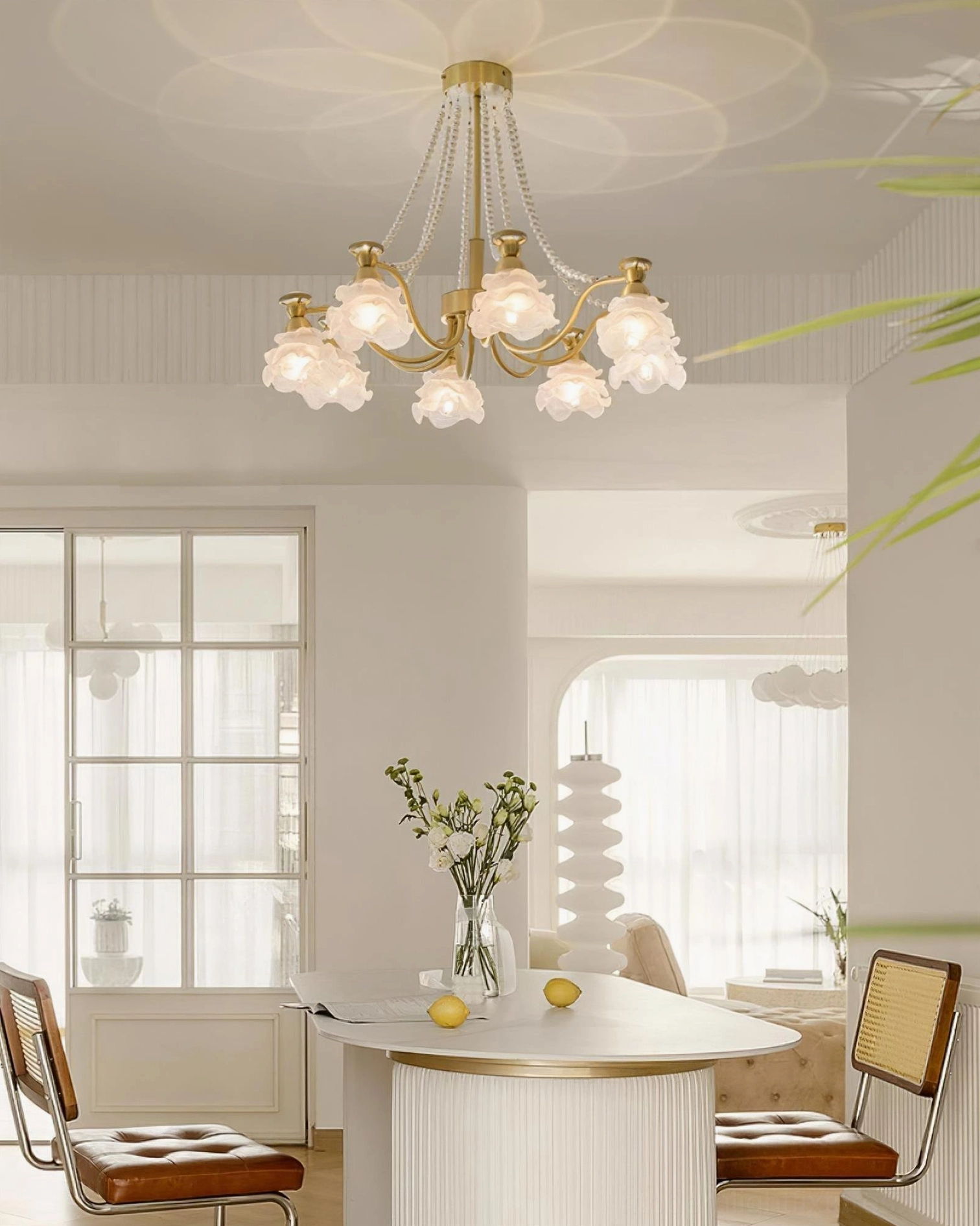 Rose glass ceiling light - 8-head floral pendant for dining room or living room spaces